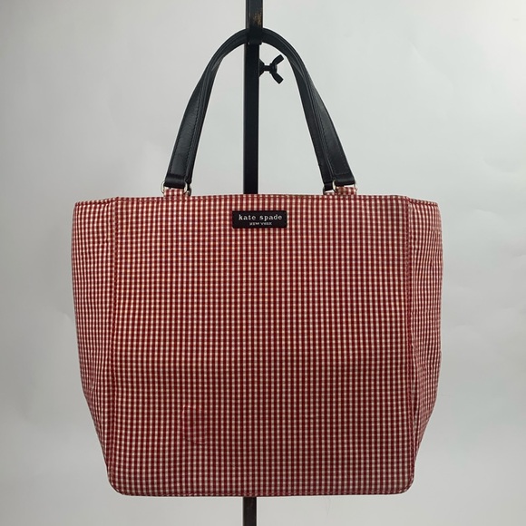 Kate Spade Vintage red white checkered satchel handbag purse black lined pockets - Picture 1 of 17